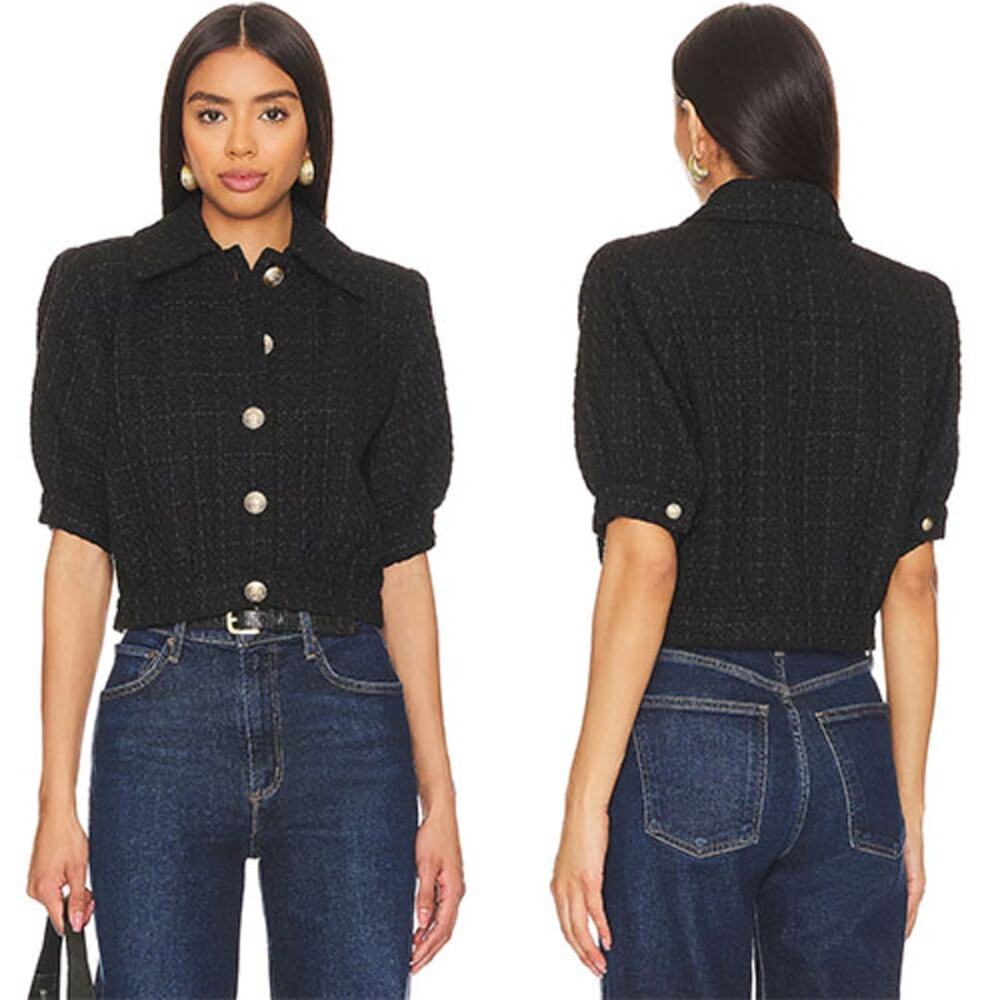 NEW L'agence Cove Cropped Cotton Tweed Checked Puffed Sleeve Jacket Black Size 0